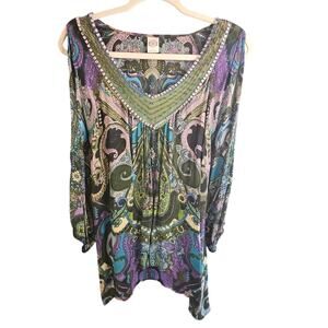Bila Paisley BOHO Long Sleeve Cold Shoulder Lightweight Dress Blouse Size‎ L